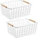 LeleCAT white wire baskets for organizing with Wooden Handles Storage Organizer Baskets, Household snack basket for Cabinets, Pantry, Closets, Bedrooms, pantry organizers and storage - Set of 2（White）