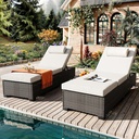 Patio Chaise Lounge Set of 2, Brown Rattan, Adjustable Backrest, Recliners with Beige Cushion