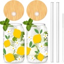Whaline Lemon Daisy Glasses Cup with Bamboo Lids and Straw 16oz Summer Ice Coffee Cup Beer Can Glasses for Cocktails Whiskey Beer Soda Gifts, 2Pcs