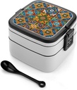 Mexican Ceramic Tile Bento Box, Reusable Double Layer Lunch Box with Handle & Dividers, 1000ml Leakproof Lunch Container for Office, Picnic, Travel
