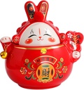 OSKOE Rabbit Ceramic Cookie Jar Canister Cookie Jar Candy Jar - Chinese New Year Decoration 2023 Year of the Rabbit Figurines Lucky Bunny Statue Bunny Cookie Jar for Home Kitchen - Red