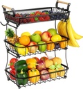 3 Tier Fruit Basket Bowl with 2 Banana Hangers for Kitchen Counter, Vegetable Countertop Produce Storage Holder, Large Capacity Metal Wire Fruits Stand Organizer for Onion Potato Bread Snack, Black