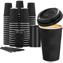 Lamosi 16 oz Disposable Coffee Cups with Lids, 50 Pack Insulated Hot Cups To Go Paper Coffee Cups with Lids and Straws, Corrugated Ripple Wall Cup for Hot Drink, Office, Coffee Bar (Black)