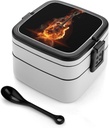 Personalize Double Layer Bento Box Fire Guitar Lunch Box - Durable, Leak-Proof with Spoon Adult Premium Bento Case for Work Travel Camping
