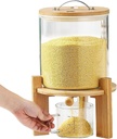 Rice Storage Container, Glass Rice Dispenser with Wood Stand for Kitchen Organization, Cereal Container with Measuring Cup, Ideal for Pantry Storage and Organization, Optional Capacity