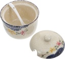 Cabilock 1set Ceramic Sauce Jar Lid and Scoop Elegant Kitchen Storage Container for Salt Pepper and Spices Food-grade Ceramic Decorative Hand-painted Design for Home and Restaurant Use
