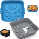 9 inch Large Silicone Air fryer Basket Square liners- 2 PCS Reusable Air Fryer Silicone Pot Food-grade Non-stick Air Fryer Baking Tray for Oven Accessories 6 to 9QT (Blue+Grey)