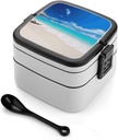 White Beach Tropical Sea Bento Box with Compartments Double Layer Bento Lunch Box with Spoon And Handle All-in-One Adult Lunchbox Leakproof Lunch Container for Work Picnic Travel