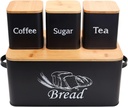 SOTECH Bread Box with 3pcs Jars Coffee Sugar Tea for Kitchen Countertop White Metal Bread Box with Bamboo Board Cover Pastry Storage Container Set Kitchen decor (Black Box and Jars)