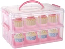 Cupcake Storage Container, Cupcake Carrier Portable With Handle, 2-Tier For 24 Cupcakes, Cupcake Holder With Lid & Snaps, Stackable Cupcake Box Plastic Transparent