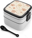 Modern Lunch Containers With Pastel Bear Printing 2 Layers Stackable Lunch Box With Spoon And Handle All-in One Leak-Proof Lunch Bento Box Lunch Box Container for Work Or Meal Prep