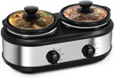 Kiss the Water Double Slow Cooker, 2 * 1.25 Quarts Slow Cooker with 3 Cooking Settings,Buffet Servers and Warmers with Ceramic Pot, Dishwasher Safe, Removeable Glass Lid, Stainless Steel