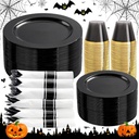 EI 350pcs Black Plastic Plates Disposable Heavy Duty Plastic Dinnerware Set Pre Silverware and Napkins Set Black and Gold Cups for Party Suit for Party,Event,Halloween,Thanksgiving,Christmas