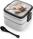 Bento Lunch Box for Women Lunch Containers for Adults Kitten Sleeps Double Layered Lunchbox Large Capacity Bento Box with Cutlery for Work Picnic Camping Travel