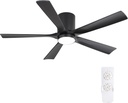 ELEHINSER 52 inch Low Profile Ceiling Fan with Light, 5 Solid Wood Blades, 6-Speeds, Quiet DC Motor, Timer, Flush Mount Modern Ceiling Fan with Remote for Living Room Bedroom, Black