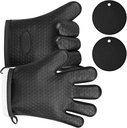 AUAUY Oven Mitts with 2 Pot Holders, Silicone Oven Gloves Heat Resistant 464°F, BBQ Gloves with Fingers, Non-Slip Oven Gloves, Cooking Gloves for Grilling Kitchen Baking Oven Microwave, Black