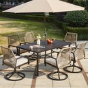 MELLCOM 7 Pcs Outdoor Dining Set, 6 Swivel Rattan Chairs with Thick Cushions & Dining Table with Umbrella Hole, Patio Furniture Set for Porch, Beige