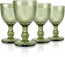 Joeyan Green Vintage Wine Glasses,Colored Embossed Glass Goblets,Stemmed Drinking Glasses Cups with Diamond Design,Glassware Set for Wedding Party Bar,9 oz,Set of 4,Dishwasher Safe