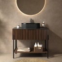 36" Bathroom Vanity with Sink, Freestanding Striped Design Bathroom Storage Cabinet with Drawer and Open Shelf, Black Ceramic Basin Without Faucet, Dark Walnut