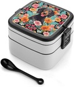 Adult Double-Layer Bento Box Dog Floral Portable Lunch Box with Spoon And Invisible Handle Leakproof Microwave-Safe Food Container for Work Travel Camping