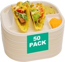 50-Pack Disposable Taco Plates with Room for Sides - Biodegradable Cornstarch - Fits 4-6 Inch Soft or Hard Tortilla Shells - Small Taco Holder Plate - Ideal for Mexican Party - Microwave Safe