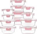 12 Pack Glass Storage Containers with Lids, Glass Meal Prep Containers Set, Airtight Food Storage Containers, Pink