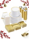 BESTVIP 700 PCS Gold Dinnerware Set for 100 Guests, Plastic Dinnerware Set for Party, Christmas, Halloween, Include: 200 Plastic Plates, 100 Gold Silverware, 100 Cups, 100 Paper Napkins