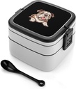 Generic English Bulldog Double Layer Bento Box Portable Lunch Box Lunch Storag Container with Spoon