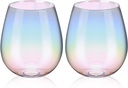 Iridescent Stemless Wine Glass Set of 2, 16OZ Unique Rainbow Wine Glass Cute and Cool, No Stem Colorful Drinking Glassware Gift for Birthday Party Wedding Holiday