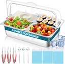 Cold Serving Tray, 4 Pans Ice Cooled Condiment Dispenser Serving Container, Food Grade Stainless Steel Divided Fruit Veggie Tray Display with PC Roll Lid for Parties Home Commercial Buffet Use