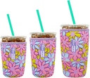 HEYSKAY Insulated Coffee Cup Sleeves Reusable Neoprene Iced Coffee Sleeve for Hot Cold Drinks Beverage Cooler Sleeve Coffee Koozies 16-32OZ for Starbucks Dunkin Coffee and More(Pink Purple Flower)