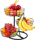 Livabber Fruit Basket Bowl with Banana Hanger, Fruit Vegetable Storage Basket with Banana Tree Holder for Kitchen Counter, Detachable Organizer for Bread Snack Produce (Black, 3-Tier Metal Base)
