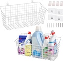 Large Wall Hanging Baskets - 2 Set Rustproof Rubber Coating Wall Shelving Organizers - Metal Wire Basket Storage No Drill Adhesive Wall Mount for Shower Kitchen Laundry Pantry Cabinet RV (White)