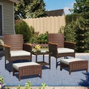 Patio Furniture Sets Rattan Patio Chair Set of 5 Outdoor with Coffee Glass Table & Ottoman for Yard Backyard Lawn Porch Poolside Balcony（Brown and Khaki