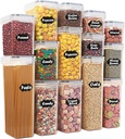Airtight Food Storage Containers with Lids Set 14 Pack, Kitchen Pantry Organizers and Storage for Cereal Flour Sugar Pasta Snacks, Clear Plastic BPA Free Dry Food Canisters with 16 Labels & 5 Spoons