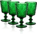 SOUJOY Set of 4 Colored Wine Glass Goblet, 12oz Handmade Pressed Stemmed Water Cup, Green Vintage Tropical Palm Pattern Embossed Drinkware for Party, Wedding, Christmas