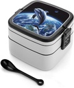 Dolphin Earth Bento Box, Reusable Double Layer Lunch Box with Handle & Dividers, 1000ml Leakproof Lunch Container for Office, Picnic, Travel