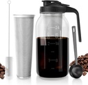 Cold Brew Coffee Maker - 64 oz Wide Mouth Mason Jar Pitcher with Stainless Steel Filter, Coffee Scoop, and Cleaning Brush -Glass Pitcher for Iced Coffee, Tea - Includes Pour Spout Handle Lid