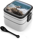 Bird Perching on The Rock Bento Box, Reusable Double Layer Lunch Box with Handle & Dividers, 1000ml Leakproof Lunch Container for Office, Picnic, Travel