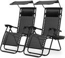 Athena Collection Zero Gravity Outdoor Lounge Chair Set of 2 with Canopy Shade, 25" Width Pool Lounge Lawn Chairs Reclining with Cup Holder, Outdoor Chaise for Beach Patio Outside, Black