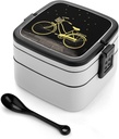 Yellow Bike Bento Box Adult Lunch Box All-in-One Lunch Containers with Removable Compartments Double Layer Bento Lunch Box with Spoon And Handle Stackable Lunchbox