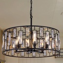 Wellmet Black Crystal Chandeliers 24in, 6 Lights Round Ceiling Light Fixture for Dining Room, Modern Farmhouse Drum Chandelier for Living Room, Bedroom, Bathroom, Kitchen, Entryway, Hallway