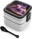 Purple Lavender with Candles Bento Box Adult Lunch Box All-in-One Lunch Containers with Removable Compartments Double Layer Bento Lunch Box with Spoon And Handle Stackable Lunchbox