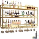 Iron Wine Rack Wall Mounted with Wine Glass Holder,Floating Wall Shelves,Hanging Bar Shelf,Metal Wine Storage Racks,Liquor Bottle Display Shelf for Kitchen Wine Cellar Living Room,