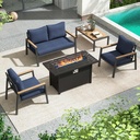JOIVI Aluminum Outdoor Patio Furniture Set with 45” Fire Pit Table, 5 Pieces Patio Conversation Set with 50000BTU Propane Fire Pit, 4 Seats Outdoor Sectional Sofa Set with Coffee Table, Navy Blue