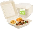 Greensight Compostable Take Out Container 8x8, Disposable To Go Food Boxes With 3 Compartments, Biodegradable Clamshell Container, Eco-Friendly Made From Sugarcane Fibers
