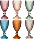 Colored Vintage Wine Glasses Set of 6, 10.5 oz Handcrafted Multicolor Embossed Goblets - Dishwasher Safe Colored Glass for Wedding, Party, Christmas & Everyday Use