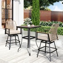 Patio Bar Set 3 Piece, All Weather Rattan Swivel Stools with Waterproof Cushion, 40” Height Wood-Like Metal Bar Table, Outdoor High Top Table and Chairs for Backyard Lawn Porch