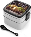 Adult Double-Layer Bento Box White Wine Cheese Cake Grapes Portable Lunch Box with Spoon And Invisible Handle Leakproof Microwave-Safe Food Container for Work Travel Camping