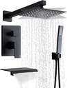 Matte Black Shower Faucet Set with Tub Spout 10 Inch, Shower Head and Handle with 2 Hooks, Tub and Shower Faucet Combo, Rain Shower and Handheld Shower System Square Wall Mount for Bathroom